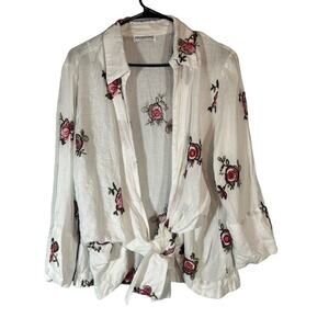 Mishca White Floral Long Sleeve Linen Opened Front Tie Knot Blouse Women
